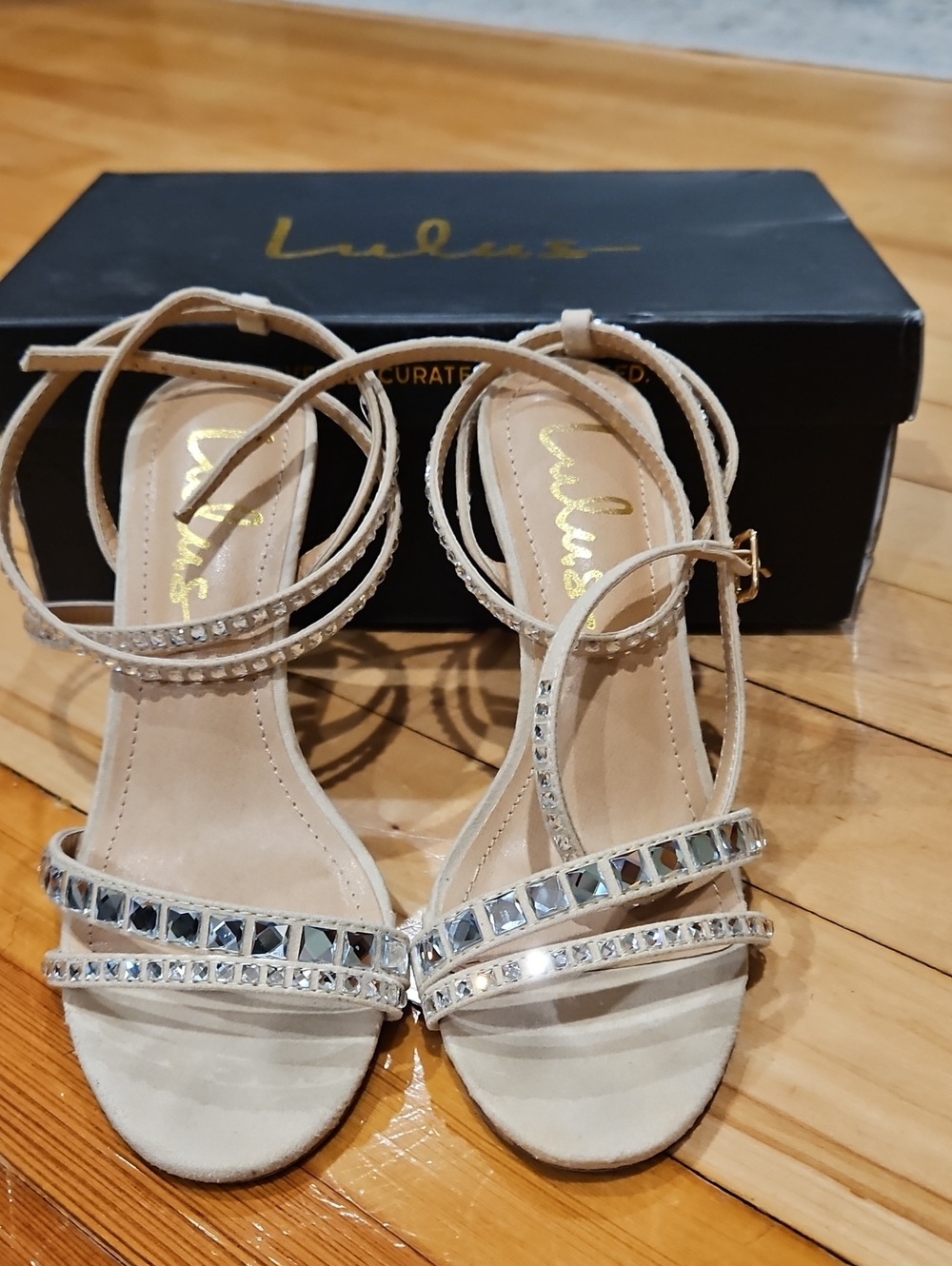 Rennie Natural Suede Rhinestones Ankle Strap High Heels